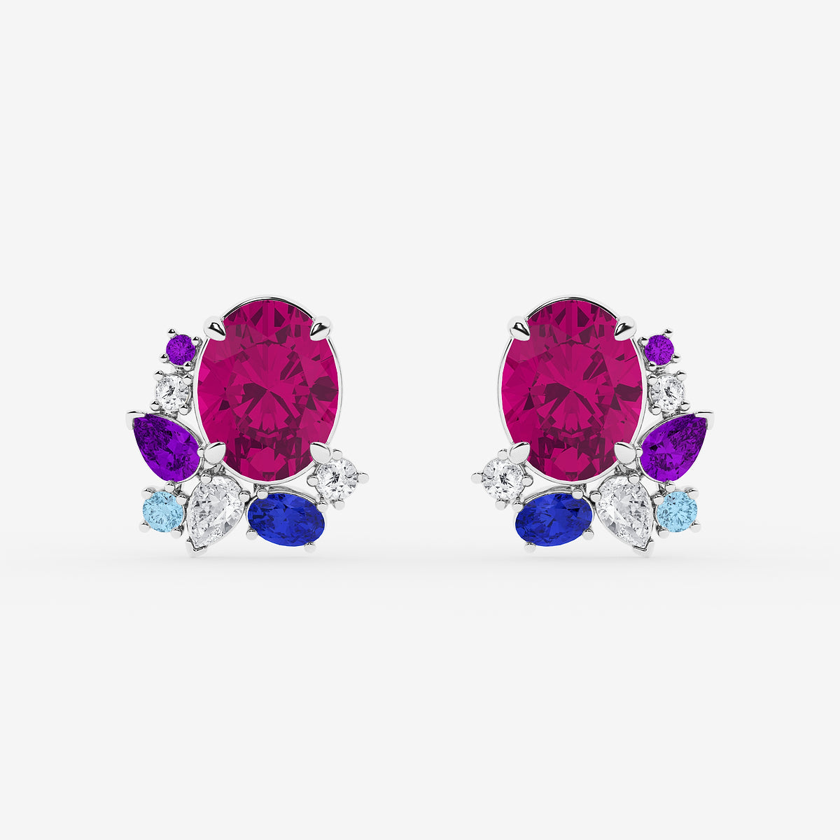 6 3/4 ctw Oval Cut Created Pink Sapphire with Round and Pear Lab Grown Diamond Stud Earrings    14K White Gold