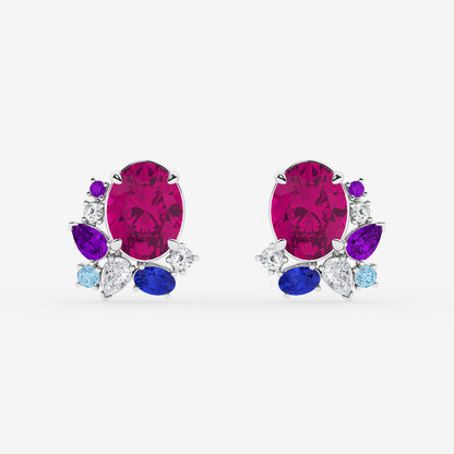6 3/4 ctw Oval Cut Created Pink Sapphire with Round and Pear Lab Grown Diamond Stud Earrings    14K White Gold
