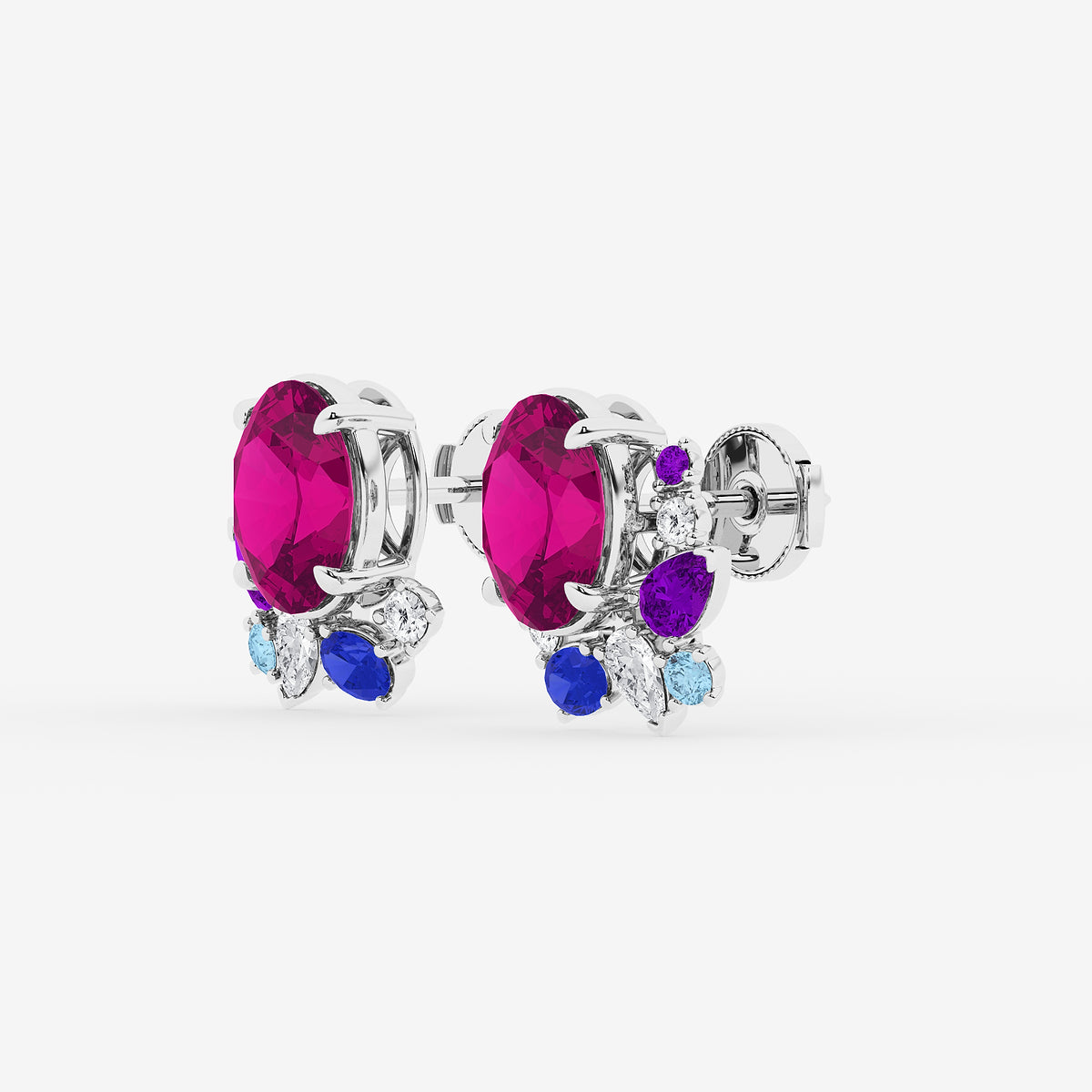 6 3/4 ctw Oval Cut Created Pink Sapphire with Round and Pear Lab Grown Diamond Stud Earrings    14K White Gold
