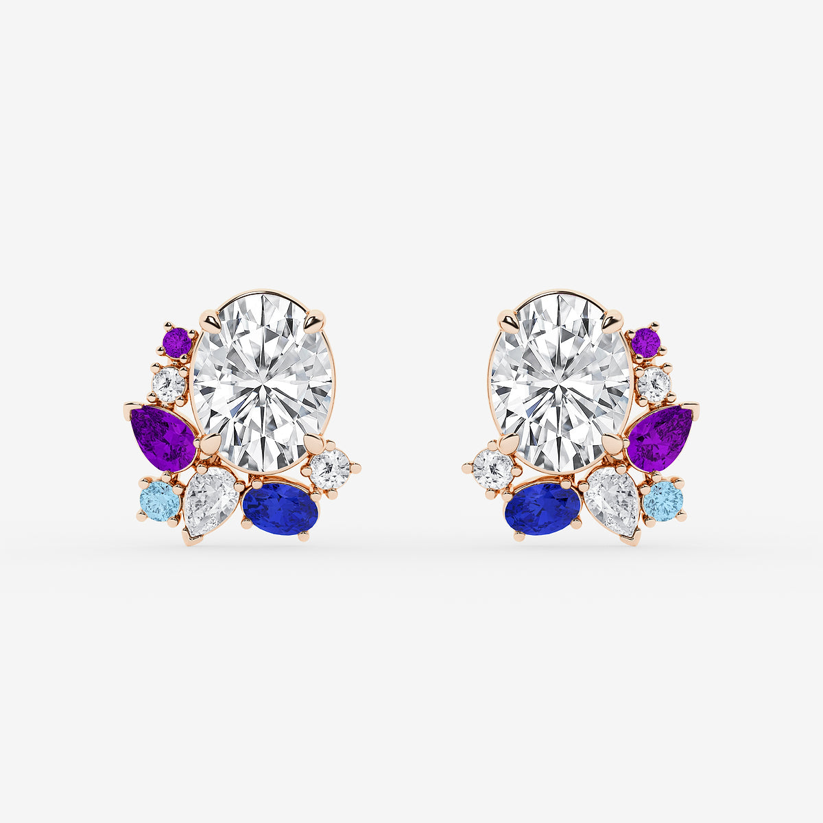 6 3/4 ctw Oval Lab Grown Diamond with Round and Pear Side Stones Stud Earrings    14K Rose Gold, E, VS1| IGI Certified