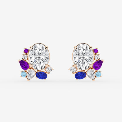 6 3/4 ctw Oval Lab Grown Diamond with Round and Pear Side Stones Stud Earrings    14K Rose Gold, E, VS1| IGI Certified