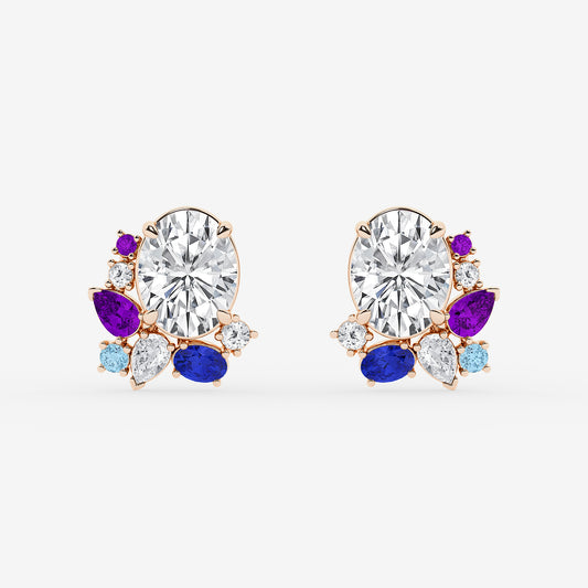 6 3/4 ctw Oval Lab Grown Diamond with Round and Pear Side Stones Stud Earrings    14K Rose Gold, E, VS1| IGI Certified