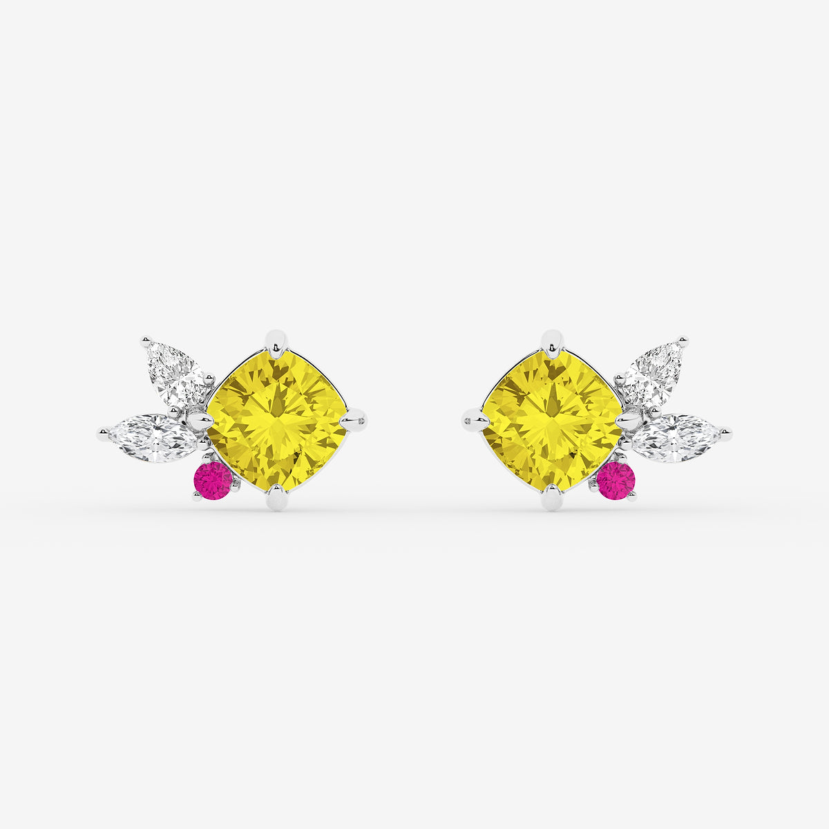 4 1/2 ctw Cushion Cut Created Yellow Sapphire with Marquise & Pear Lab Grown Diamond Floral Stud Earrings    14K White Gold
