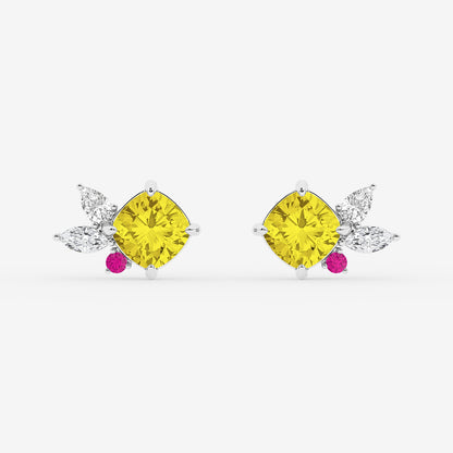 4 1/2 ctw Cushion Cut Created Yellow Sapphire with Marquise & Pear Lab Grown Diamond Floral Stud Earrings    14K White Gold