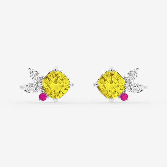 4 1/2 ctw Cushion Cut Created Yellow Sapphire with Marquise & Pear Lab Grown Diamond Floral Stud Earrings    14K White Gold