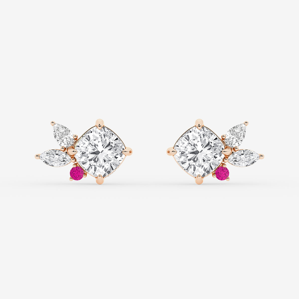 4 1/2 ctw Cushion Lab Grown Diamond with Marquise and Pear Floral Stud Earrings    14K Rose Gold, E, VS1| IGI Certified