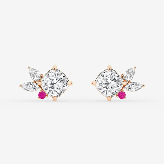 4 1/2 ctw Cushion Lab Grown Diamond with Marquise and Pear Floral Stud Earrings    14K Rose Gold, E, VS1| IGI Certified