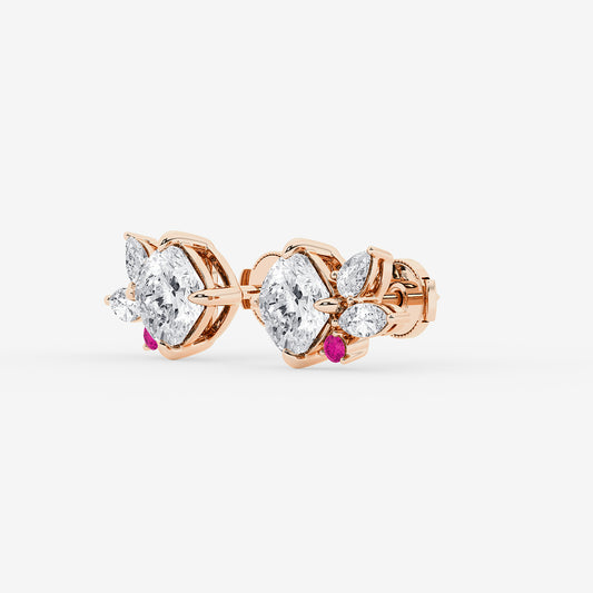 4 1/2 ctw Cushion Lab Grown Diamond with Marquise and Pear Floral Stud Earrings    14K Rose Gold, E, VS1| IGI Certified