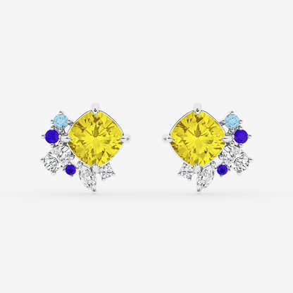 5 ctw Cushion Cut Created Yellow Sapphire with Multi-Shape Lab Grown Diamond Floral Motive Stud Earrings    14K White Gold