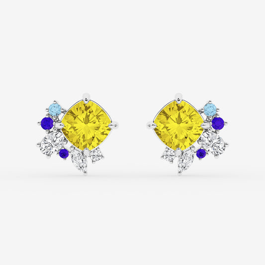 5 ctw Cushion Cut Created Yellow Sapphire with Multi-Shape Lab Grown Diamond Floral Motive Stud Earrings    14K White Gold