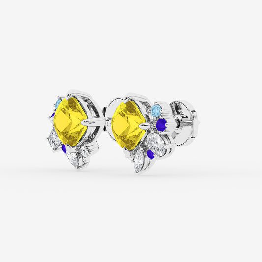 5 ctw Cushion Cut Created Yellow Sapphire with Multi-Shape Lab Grown Diamond Floral Motive Stud Earrings    14K White Gold