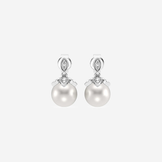7.5 - 8.0 mm Cultured Freshwater Pearl and 1/8 ctw Lab Grown Diamond Flower Drop Earrings    14K White Gold