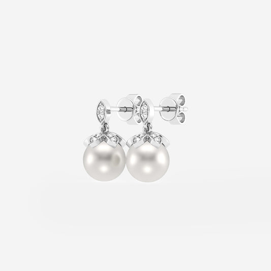 7.5 - 8.0 mm Cultured Freshwater Pearl and 1/8 ctw Lab Grown Diamond Flower Drop Earrings    14K White Gold