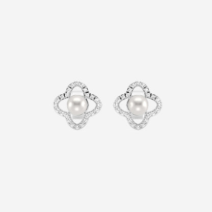 3.5 - 4.0 mm Cultured Freshwater Pearl and 1/5 ctw Lab Grown Diamond Clover Drop Earrings    14K White Gold