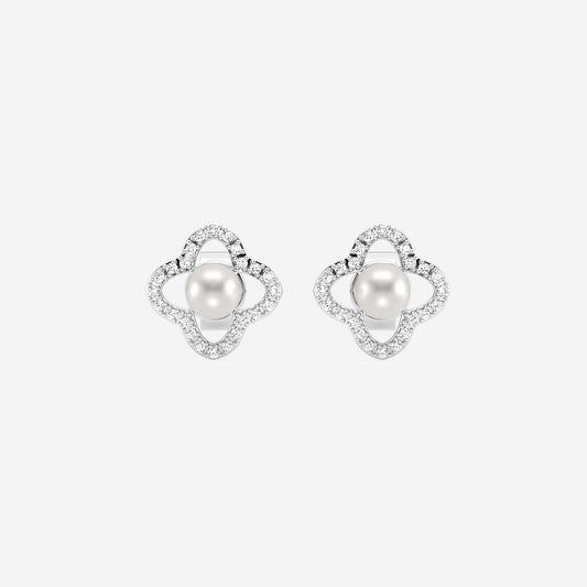 3.5 - 4.0 mm Cultured Freshwater Pearl and 1/5 ctw Lab Grown Diamond Clover Drop Earrings    14K White Gold