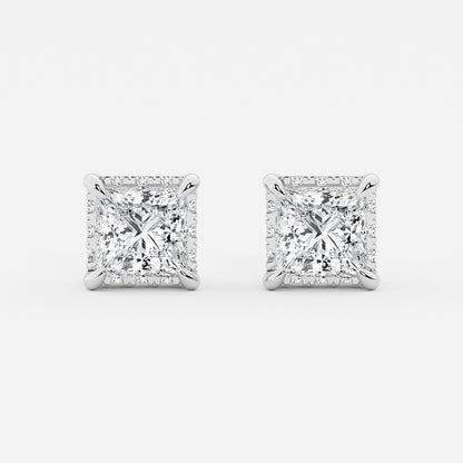 4 ctw Princess Lab Grown Diamond Hidden Halo Stud Earrings    14K White Gold, G, VS2| IGI Certified