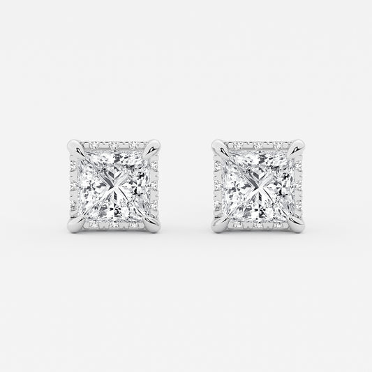 4 ctw Princess Lab Grown Diamond Hidden Halo Stud Earrings    14K White Gold, G, VS2| IGI Certified
