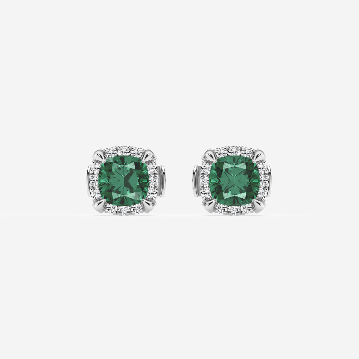 7.0X7.0 mm Cushion Cut Created Emerald and 1/3 ctw Round Lab Grown Diamond Shadow Halo Stud Earrings    14K White Gold