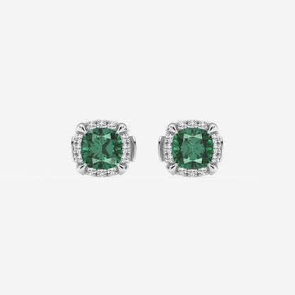 7.0X7.0 mm Cushion Cut Created Emerald and 1/3 ctw Round Lab Grown Diamond Shadow Halo Stud Earrings    14K White Gold