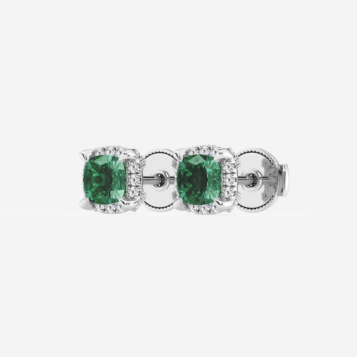 7.0X7.0 mm Cushion Cut Created Emerald and 1/3 ctw Round Lab Grown Diamond Shadow Halo Stud Earrings    14K White Gold