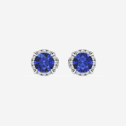 5.1 mm Round Created Sapphire and 1/4 ctw Round Lab Grown Diamond Shadow Halo Stud Earrings    14K White Gold