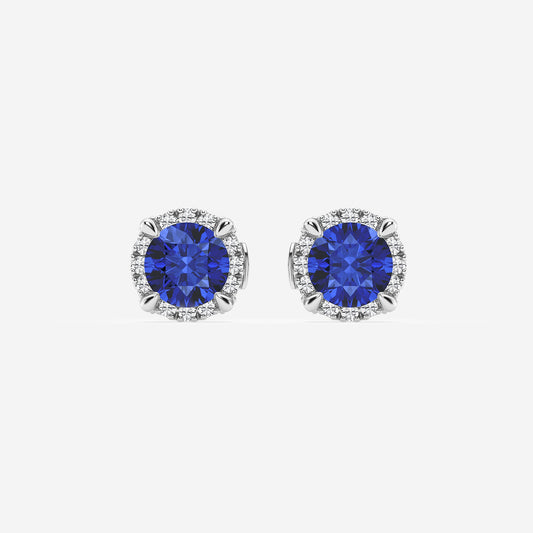 5.1 mm Round Created Sapphire and 1/4 ctw Round Lab Grown Diamond Shadow Halo Stud Earrings    14K White Gold