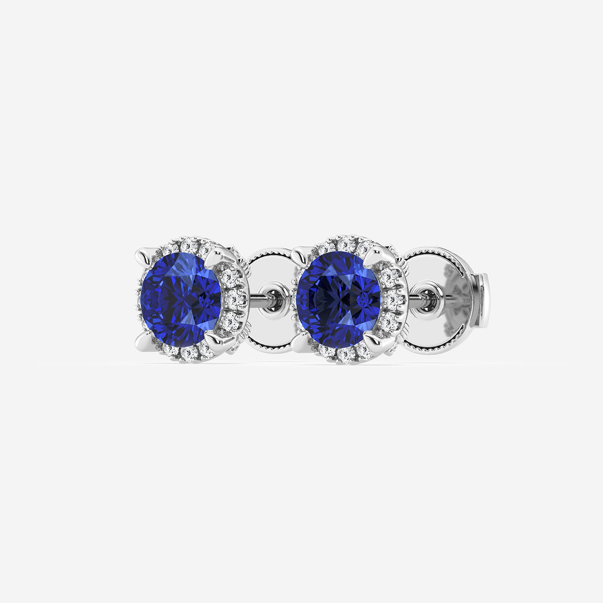 5.1 mm Round Created Sapphire and 1/4 ctw Round Lab Grown Diamond Shadow Halo Stud Earrings    14K White Gold