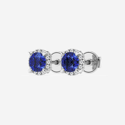 5.1 mm Round Created Sapphire and 1/4 ctw Round Lab Grown Diamond Shadow Halo Stud Earrings    14K White Gold