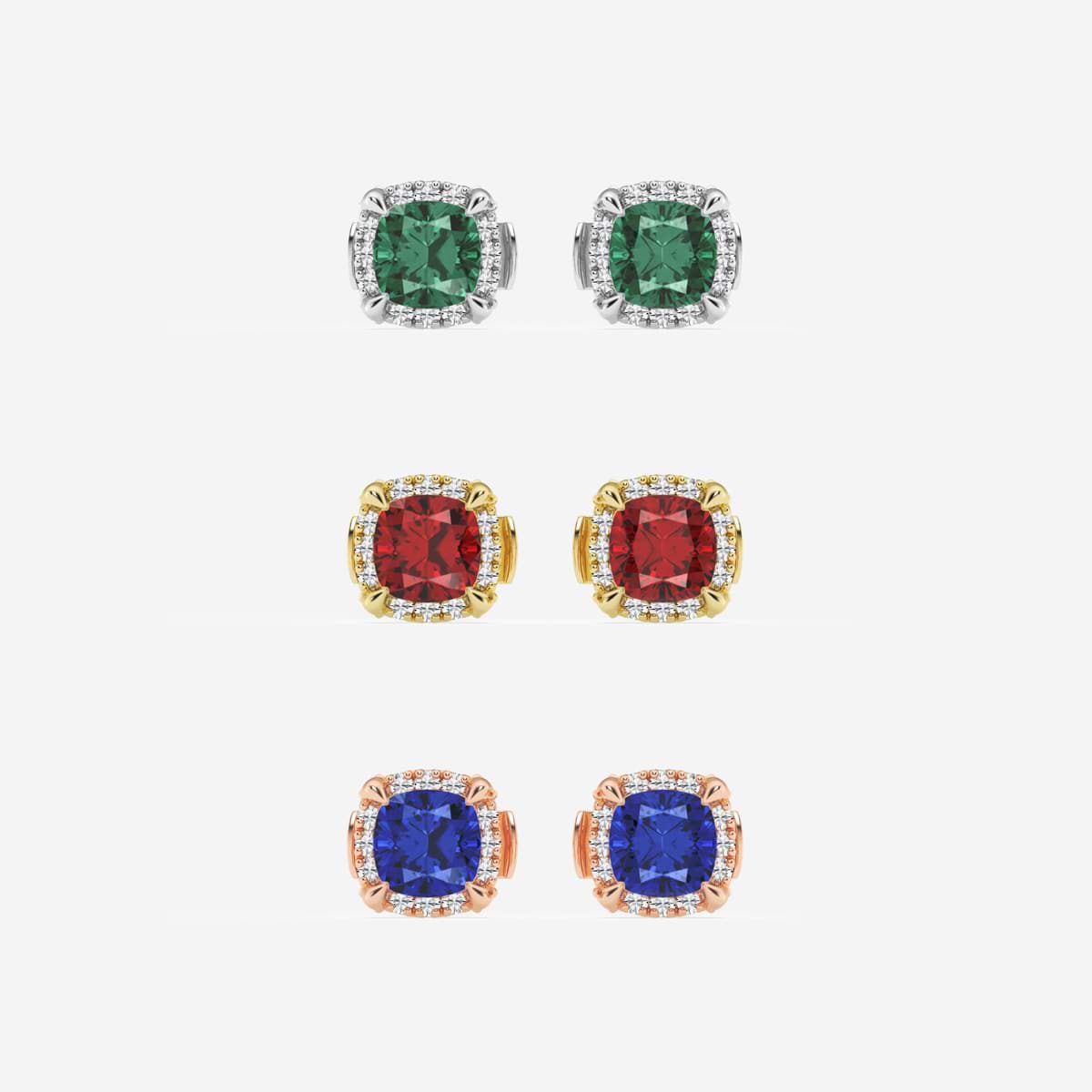 7.0X7.0 mm Cushion Cut Created Emerald and 1/3 ctw Round Lab Grown Diamond Shadow Halo Stud Earrings    14K White Gold