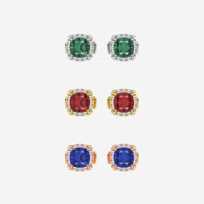 7.0X7.0 mm Cushion Cut Created Emerald and 1/3 ctw Round Lab Grown Diamond Shadow Halo Stud Earrings    14K White Gold