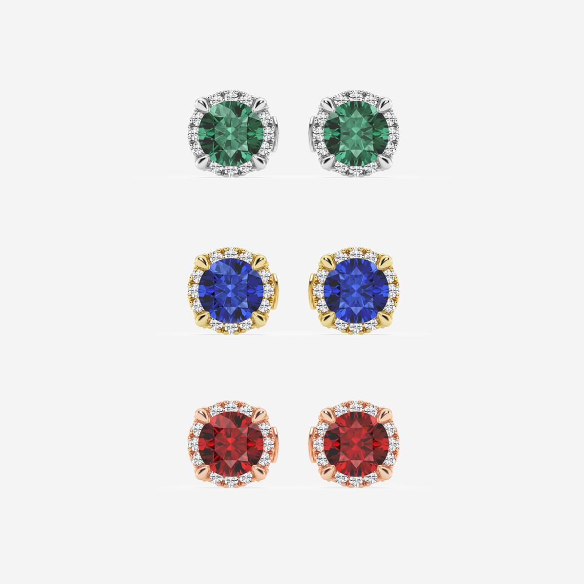 5.1 mm Round Created Sapphire and 1/4 ctw Round Lab Grown Diamond Shadow Halo Stud Earrings    14K White Gold