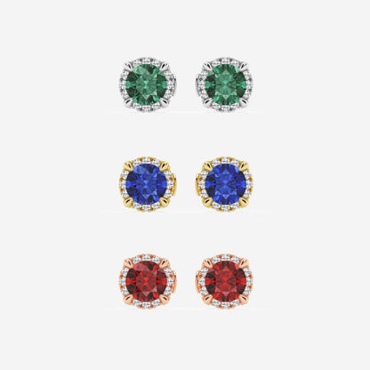 5.1 mm Round Created Sapphire and 1/4 ctw Round Lab Grown Diamond Shadow Halo Stud Earrings    14K White Gold
