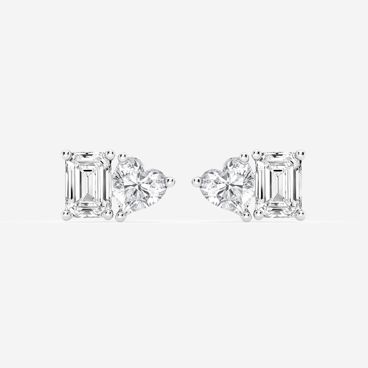 2 ctw Emerald and Heart Lab Grown Diamond Two Stone Stud Earrings    14K White Gold, E, VS1| IGI Certified