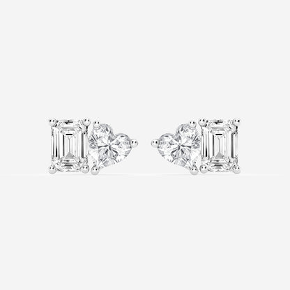 2 ctw Emerald and Heart Lab Grown Diamond Two Stone Stud Earrings    14K White Gold, E, VS1| IGI Certified