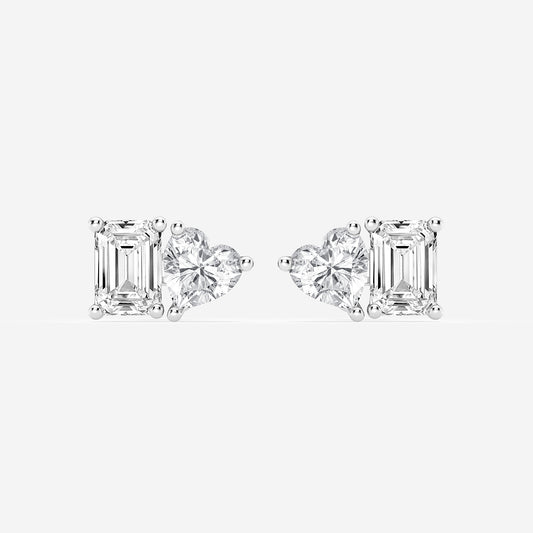 2 ctw Emerald and Heart Lab Grown Diamond Two Stone Stud Earrings    14K White Gold, E, VS1| IGI Certified