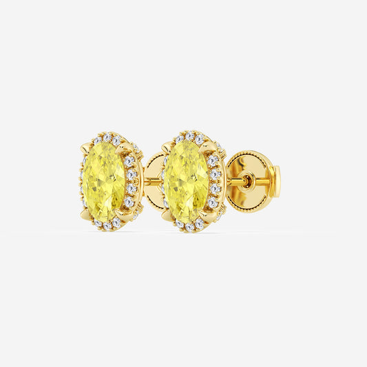 2 1/4 ctw Oval Lab Grown Diamond Fancy Yellow Shadow Halo Stud Earrings    14K Yellow Gold