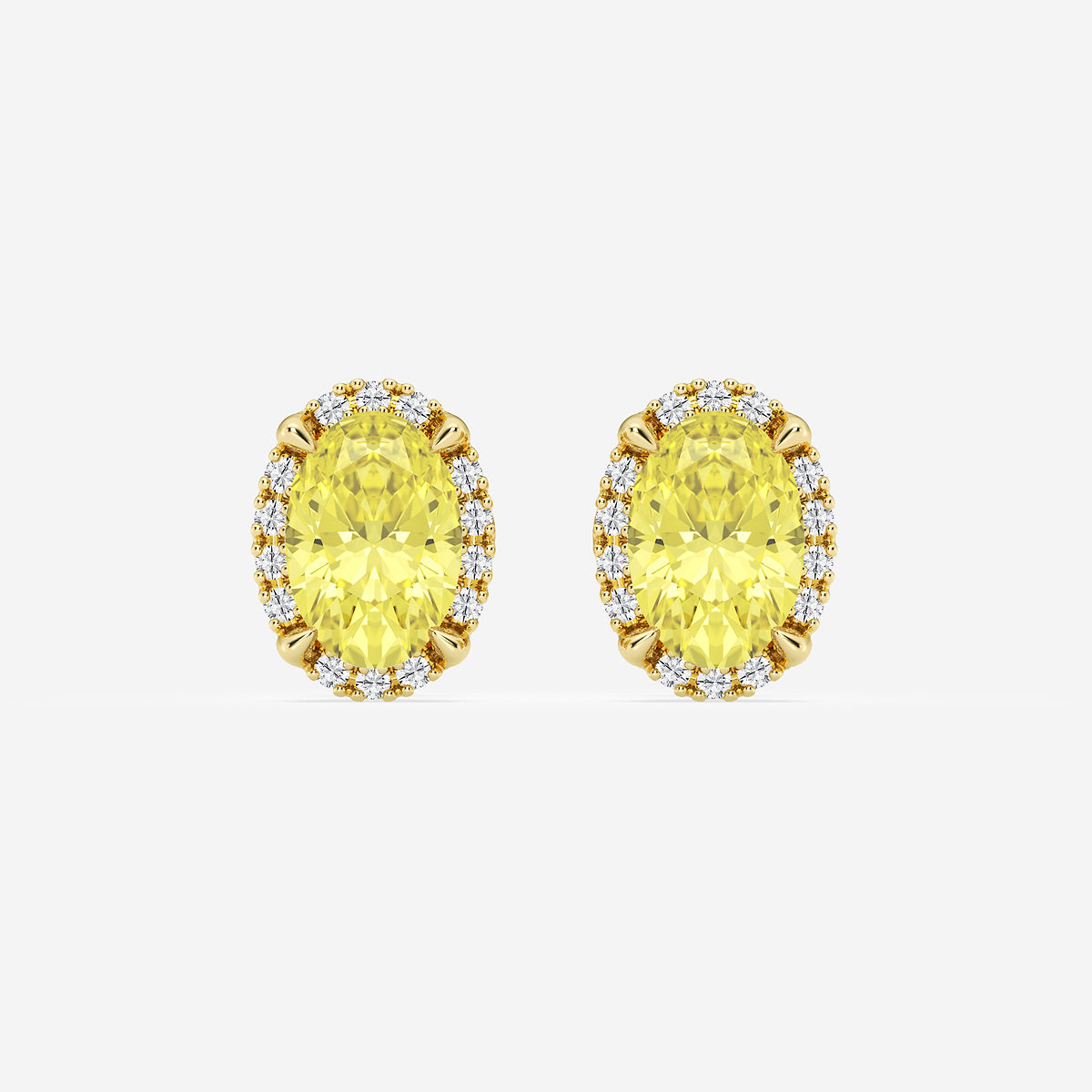 2 1/4 ctw Oval Lab Grown Diamond Fancy Yellow Shadow Halo Stud Earrings    14K Yellow Gold