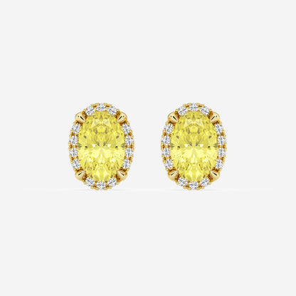 2 1/4 ctw Oval Lab Grown Diamond Fancy Yellow Shadow Halo Stud Earrings    14K Yellow Gold