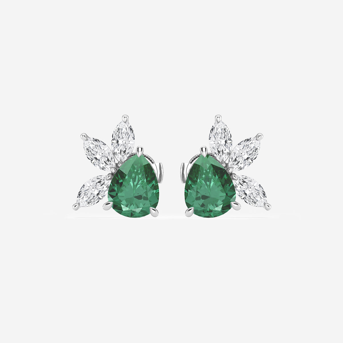 9.0X7.0 mm Pear Shaped Created Emerald and 1 3/4 ctw Marquise Lab Grown Diamond Fan Earrings    14K White Gold