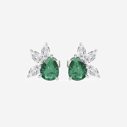 9.0X7.0 mm Pear Shaped Created Emerald and 1 3/4 ctw Marquise Lab Grown Diamond Fan Earrings    14K White Gold