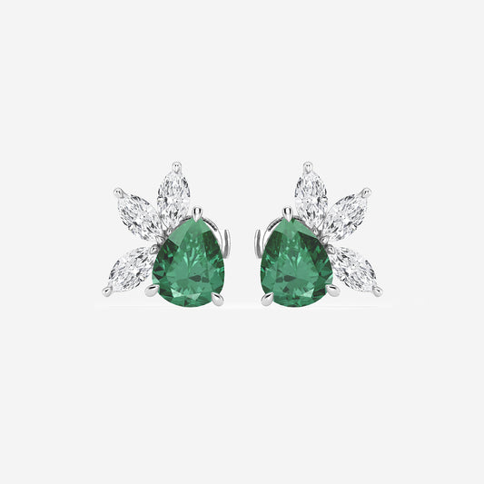 9.0X7.0 mm Pear Shaped Created Emerald and 1 3/4 ctw Marquise Lab Grown Diamond Fan Earrings    14K White Gold