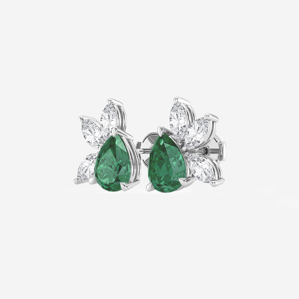 9.0X7.0 mm Pear Shaped Created Emerald and 1 3/4 ctw Marquise Lab Grown Diamond Fan Earrings    14K White Gold