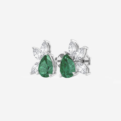 9.0X7.0 mm Pear Shaped Created Emerald and 1 3/4 ctw Marquise Lab Grown Diamond Fan Earrings    14K White Gold