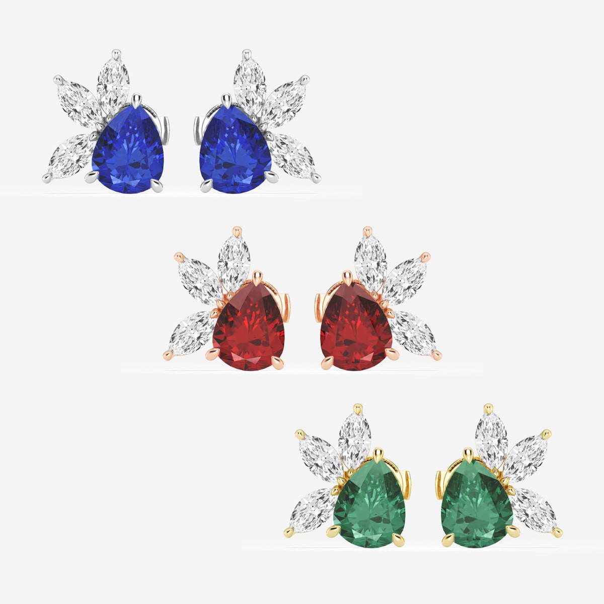 9.0X7.0 mm Pear Shaped Created Emerald and 1 3/4 ctw Marquise Lab Grown Diamond Fan Earrings    14K White Gold
