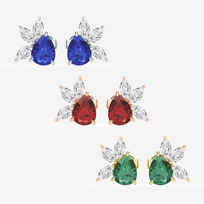 9.0X7.0 mm Pear Shaped Created Emerald and 1 3/4 ctw Marquise Lab Grown Diamond Fan Earrings    14K White Gold