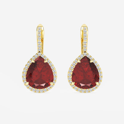 11.0x9.0 mm Pear Shaped Created Ruby and 1/3 ctw Round Lab Grown Diamond Leverback Earrings    14K Yellow Gold