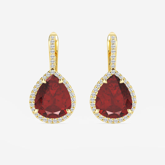 11.0x9.0 mm Pear Shaped Created Ruby and 1/3 ctw Round Lab Grown Diamond Leverback Earrings    14K Yellow Gold
