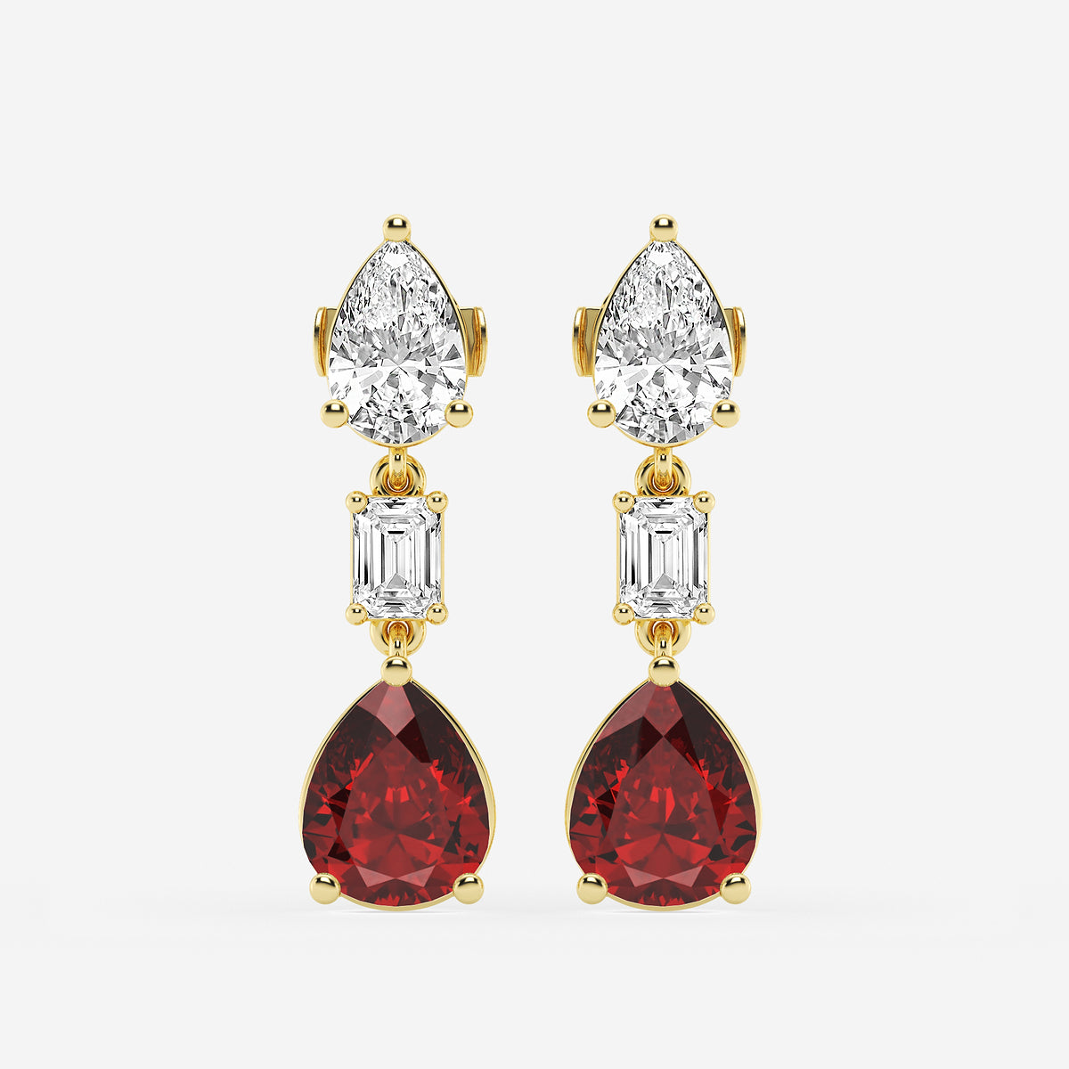 10x8mm Pear Cut Created Ruby with 2 7/8 ctw Emerald and Pear Lab Grown Diamond Drop Earrings    14K Yellow Gold