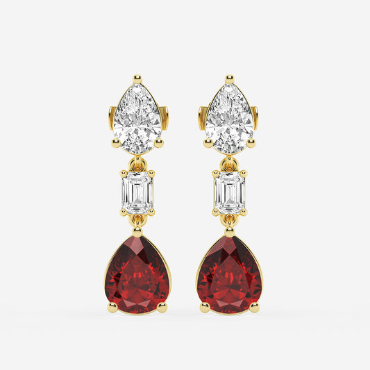 10x8mm Pear Cut Created Ruby with 2 7/8 ctw Emerald and Pear Lab Grown Diamond Drop Earrings    14K Yellow Gold