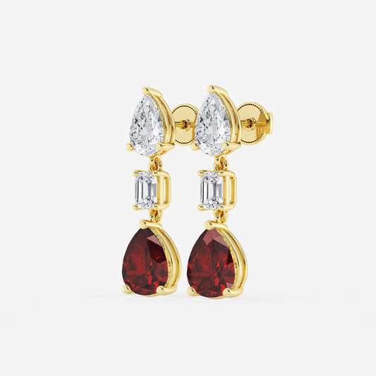 10x8mm Pear Cut Created Ruby with 2 7/8 ctw Emerald and Pear Lab Grown Diamond Drop Earrings    14K Yellow Gold